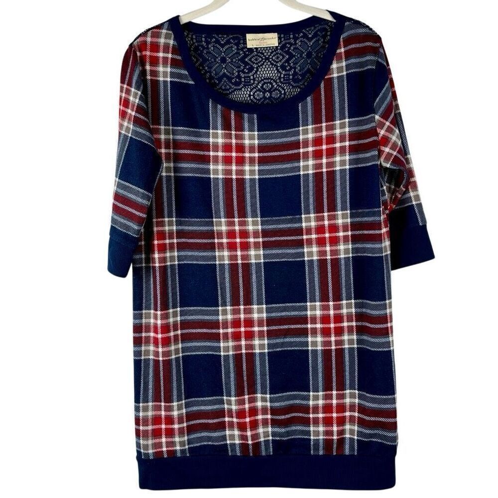 Bobbie Brooks Plaid Pullover Lace Back Short Sleeve Top Large